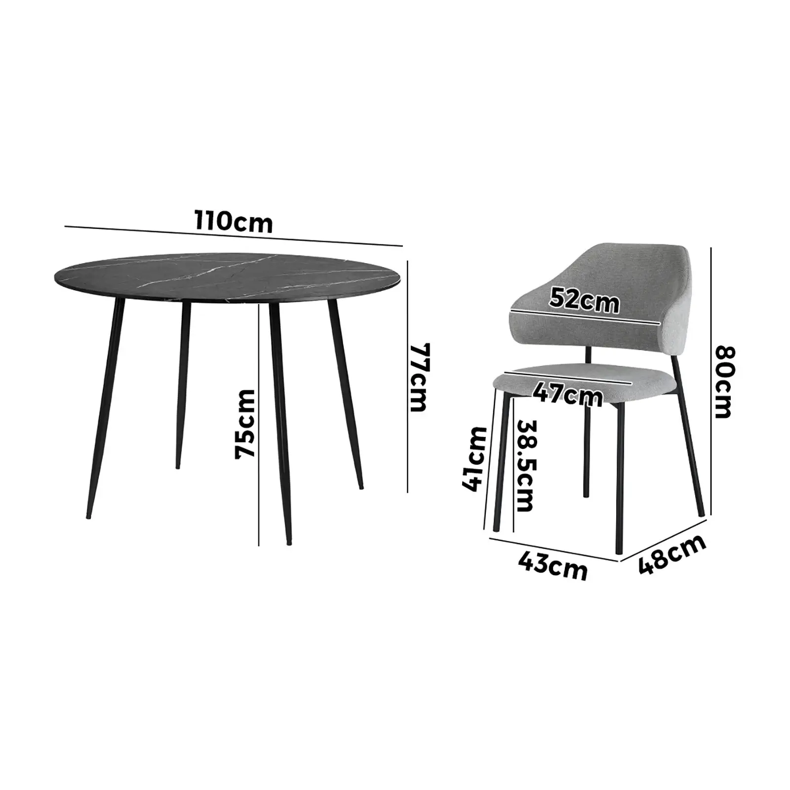 Oikiture 110cm Round Dining Table Black&Grey with 4PCS Dining Chairs Linen Grey