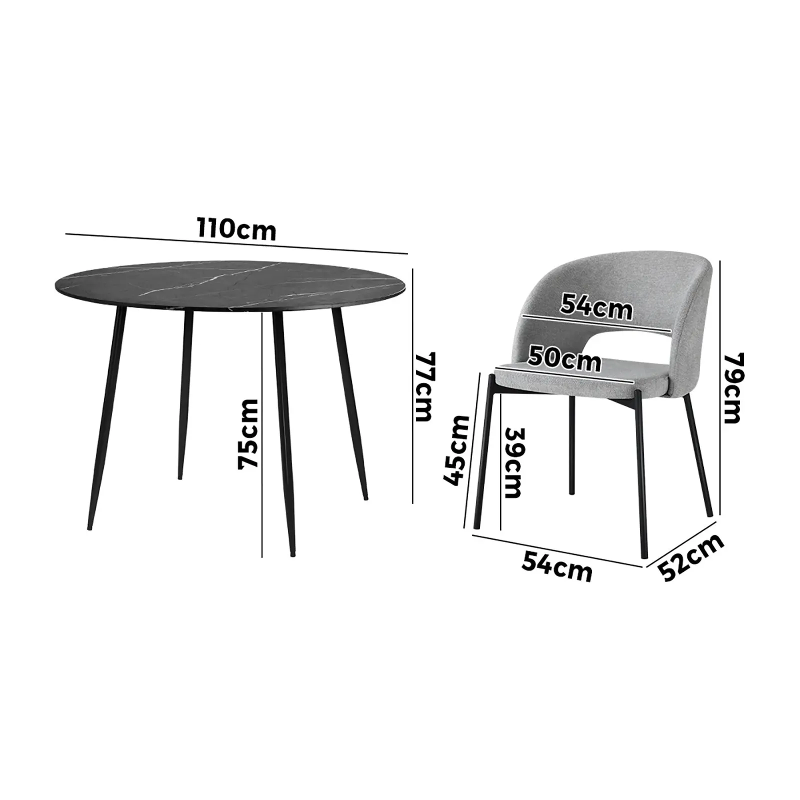 Oikiture 110cm Round Dining Table Black&Grey with 4PCS Dining Chairs Fabric Grey