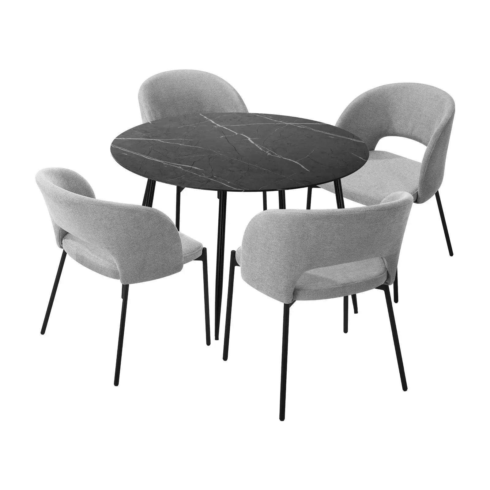 Oikiture 110cm Round Dining Table Black&Grey with 4PCS Dining Chairs Fabric Grey