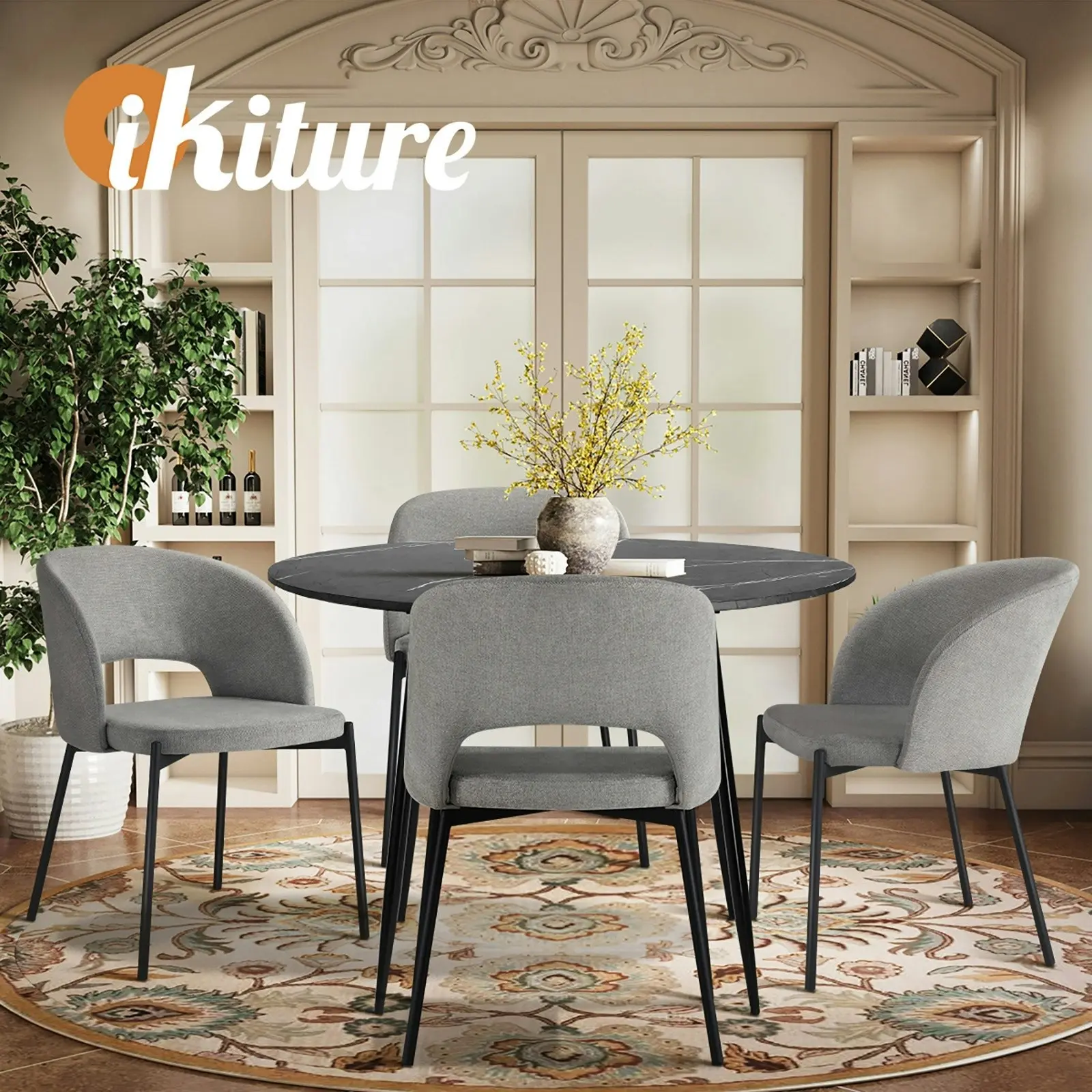 Oikiture 110cm Round Dining Table Black&Grey with 4PCS Dining Chairs Fabric Grey