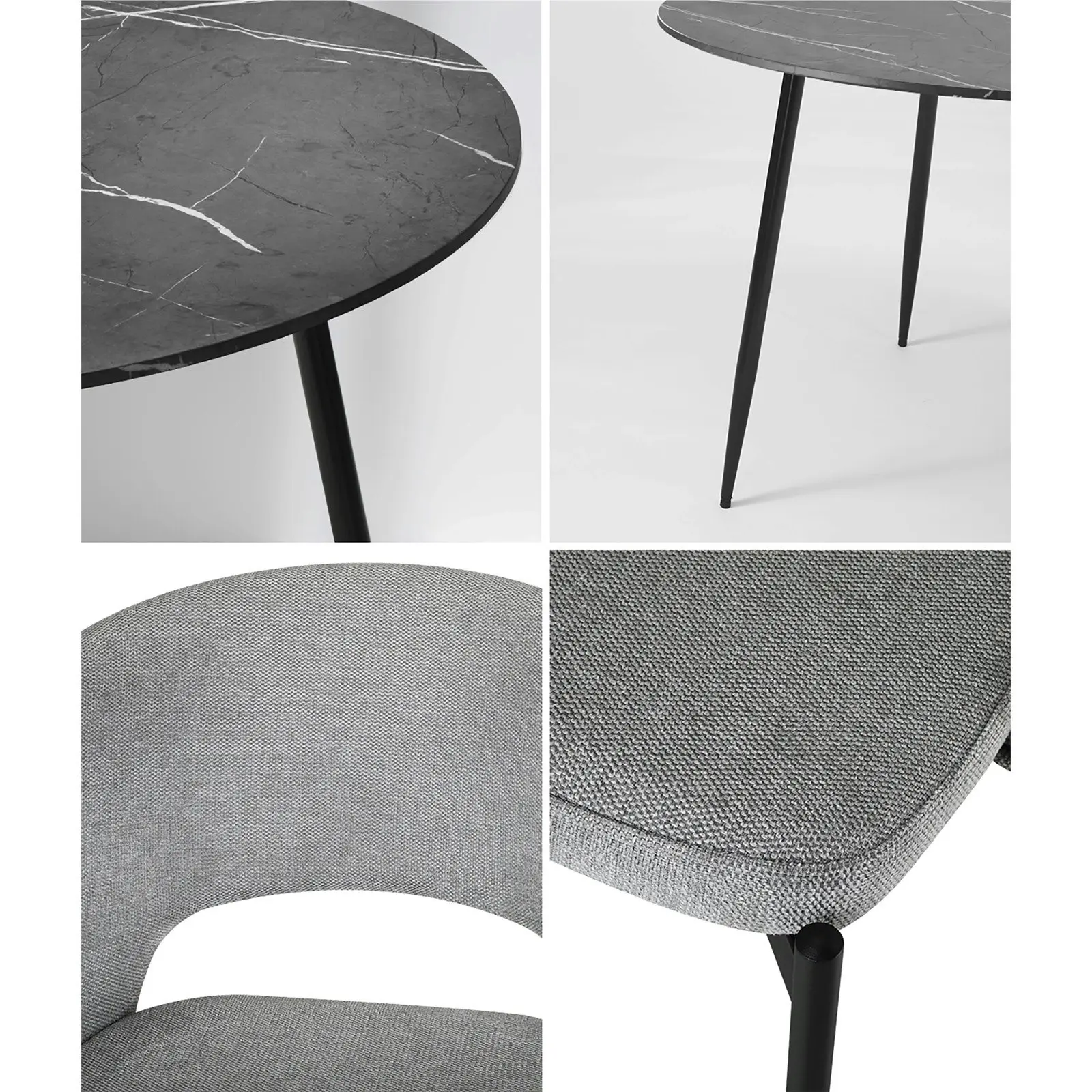 Oikiture 110cm Round Dining Table Black&Grey with 4PCS Dining Chairs Fabric Grey