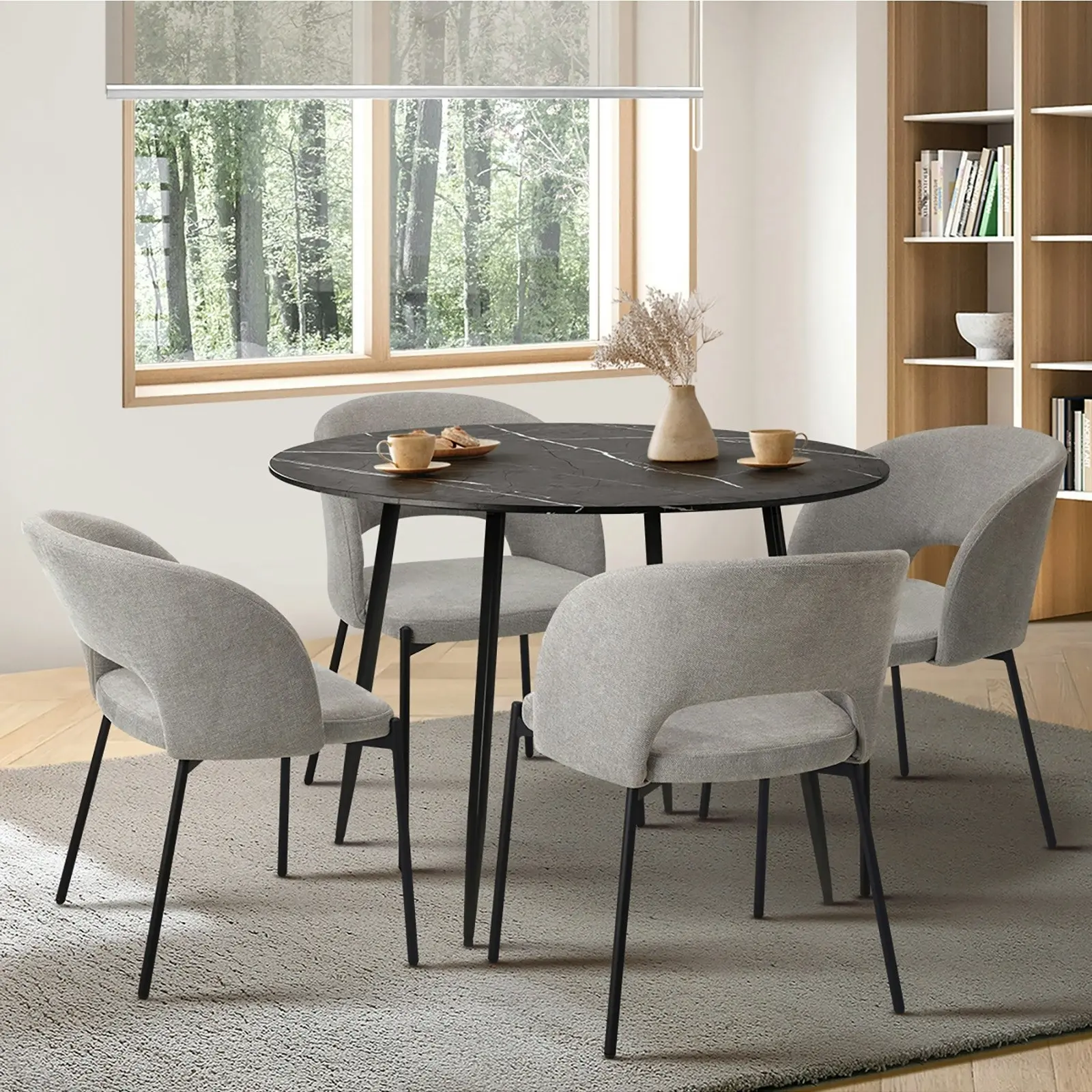 Oikiture 110cm Round Dining Table Black&Grey with 4PCS Dining Chairs Fabric Grey