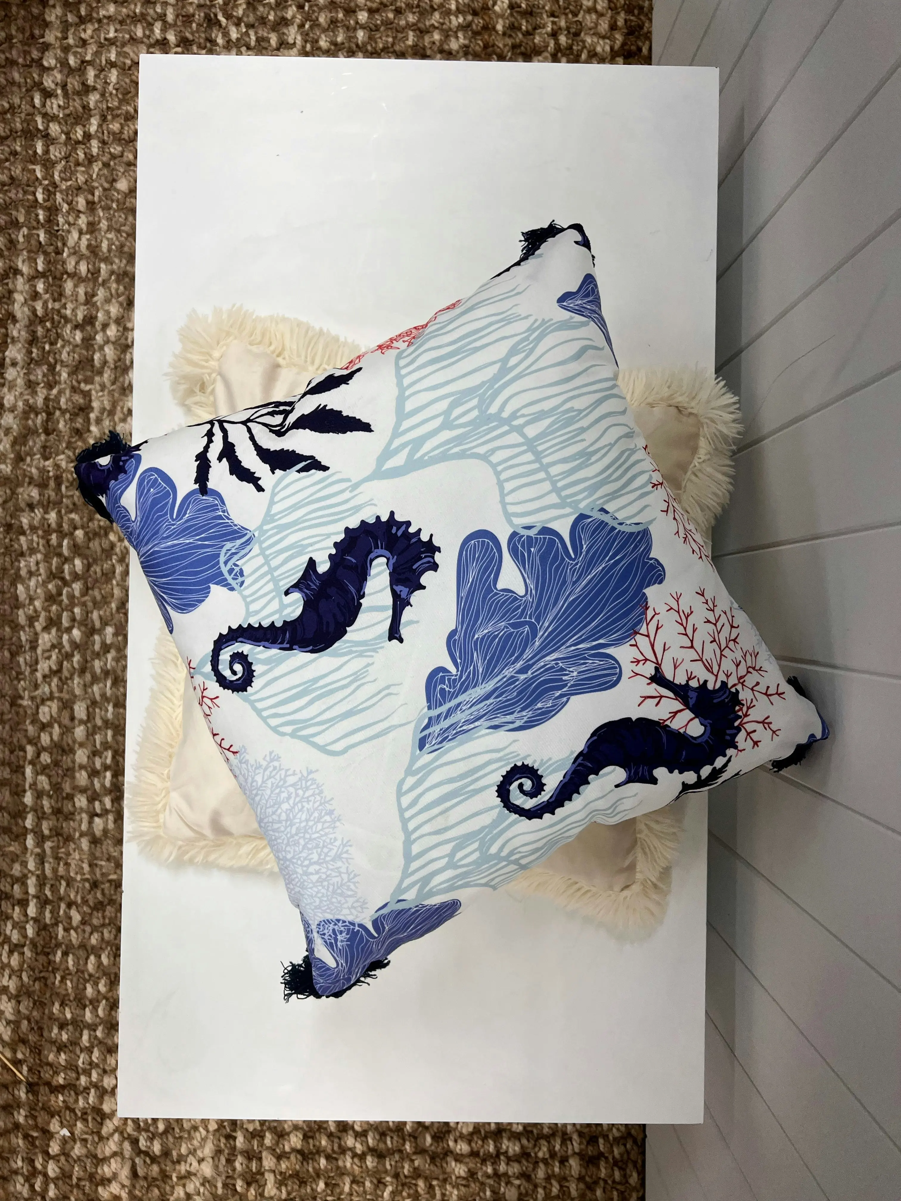 Blue Printed Sea Life Tassel Cushion 45 x 45 cm