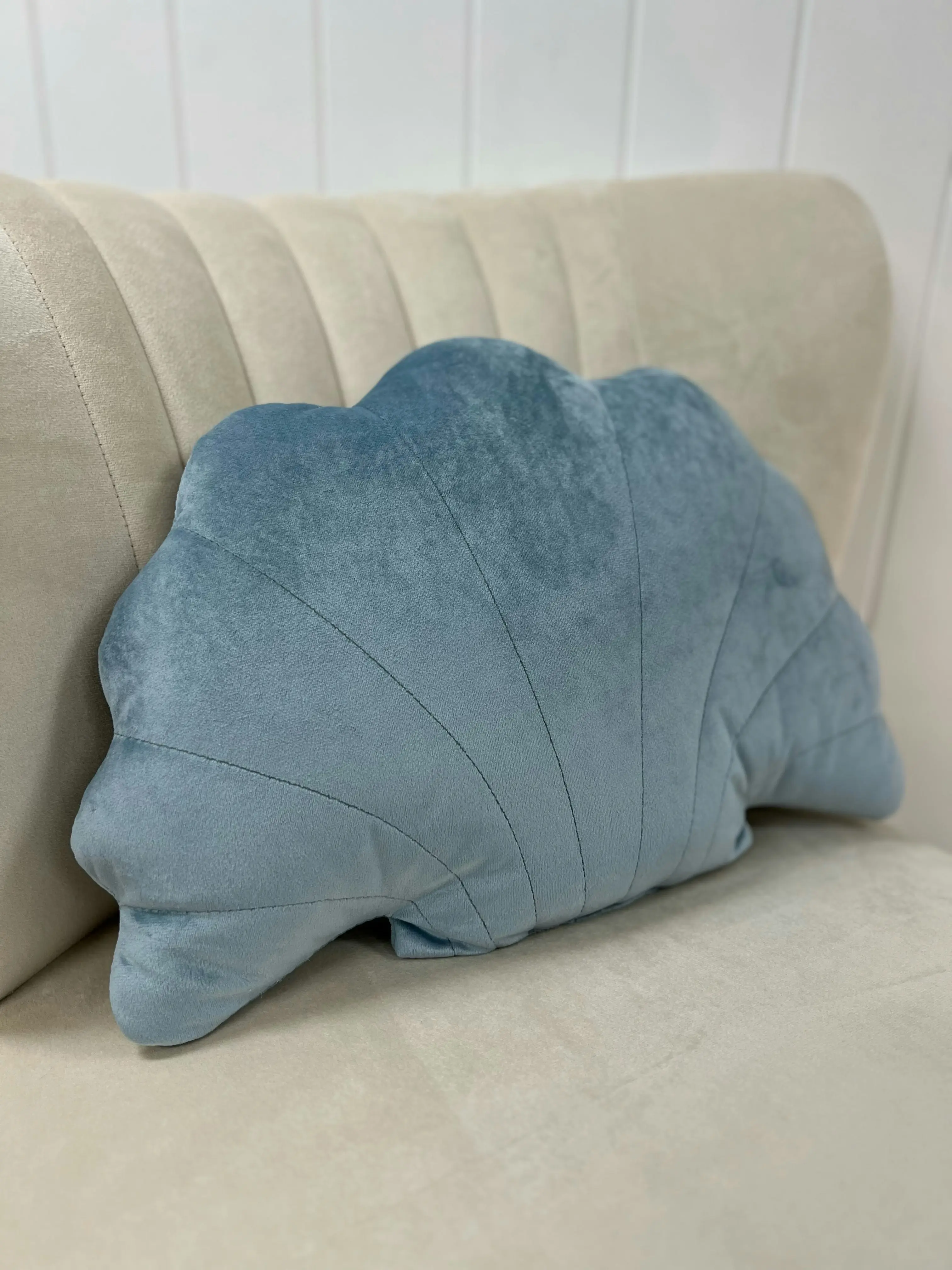 Blue Velvet Shell Shape Cushion 40 x 30cm