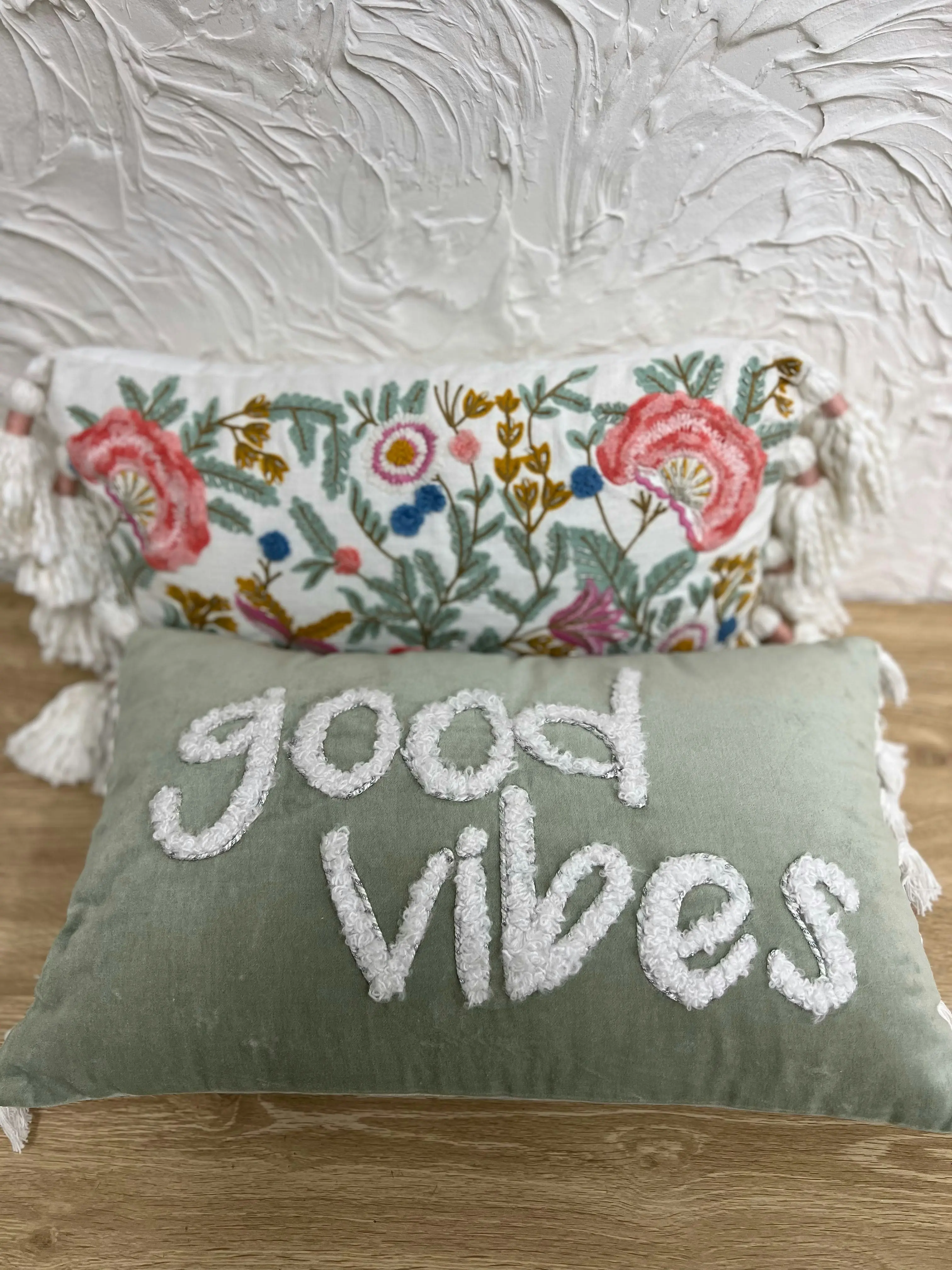 Embroidered Cotton Good Vibes Cushion 51X31cm