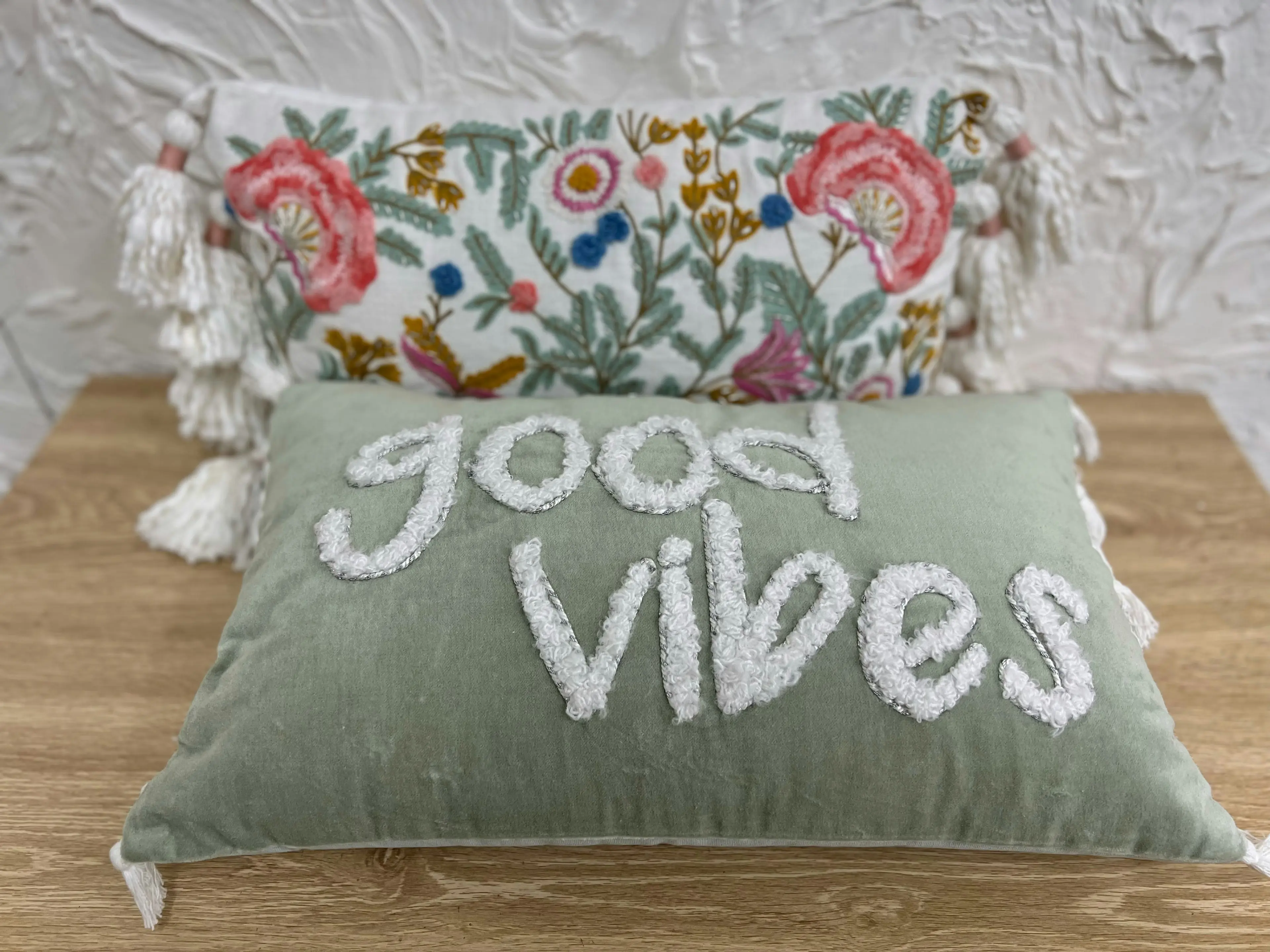 Embroidered Cotton Good Vibes Cushion 51X31cm