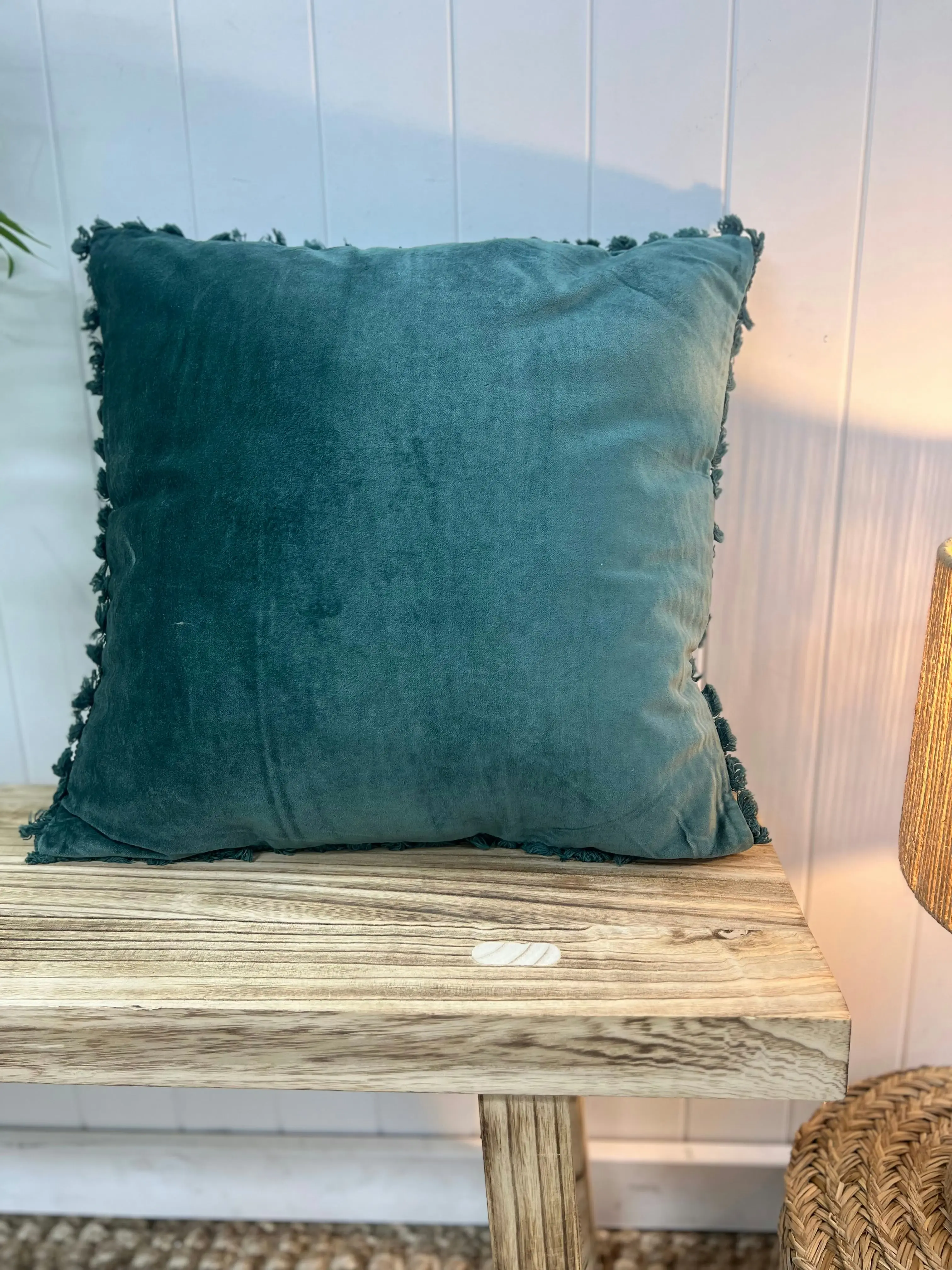 Scarlette Velvet Cushion With Tassels Forest Green