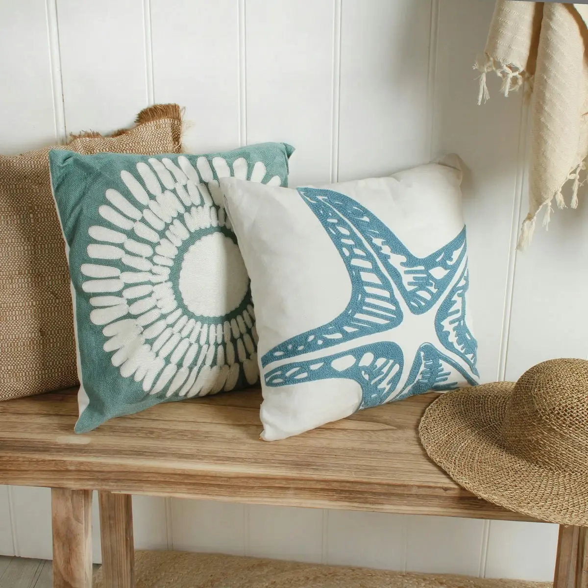 Turquoise Star Fish Embroidered Cushion 43 x 43cm