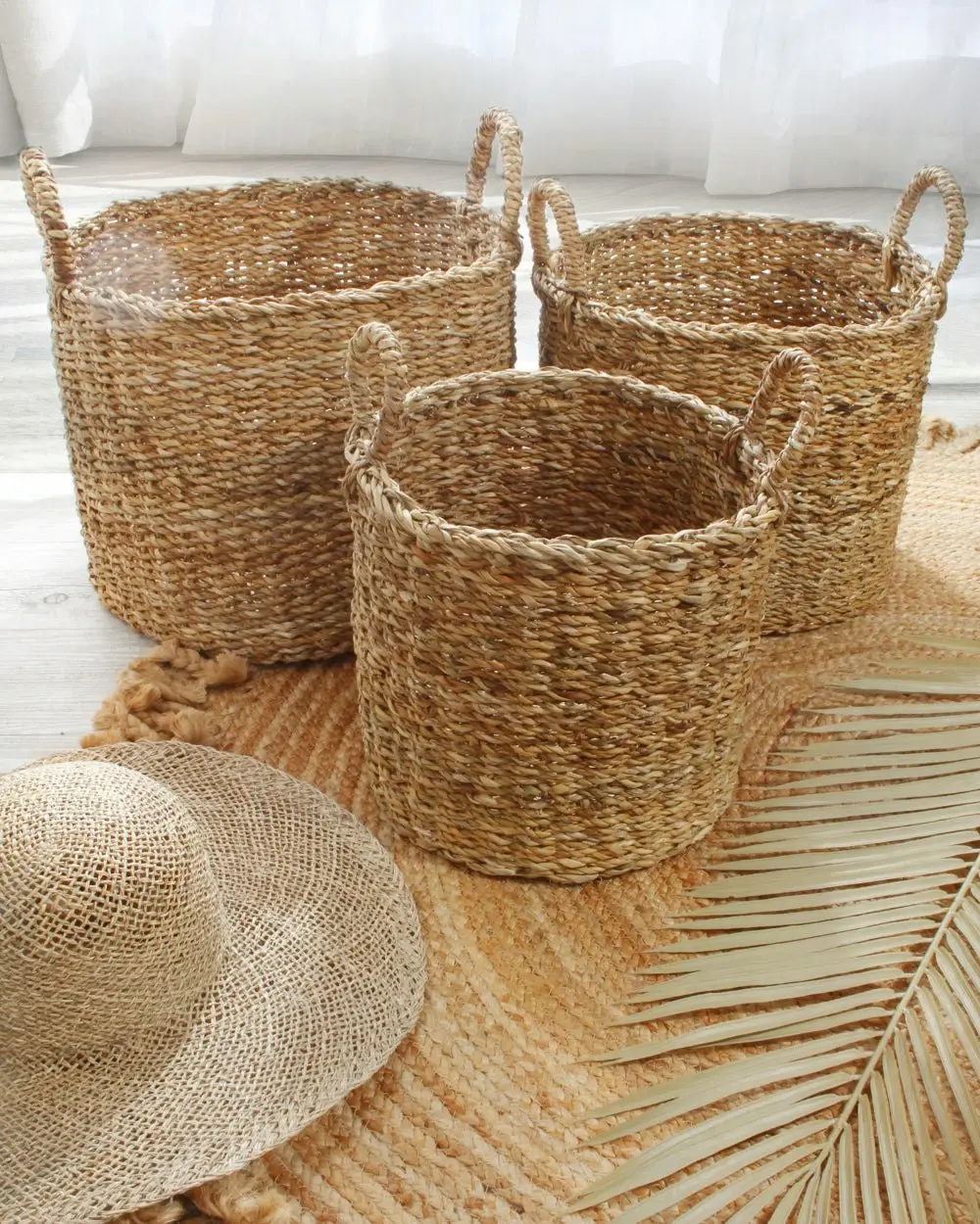 Carlota Set Of 3 Natural Water Hyacinth Round Woven Storage Baskets with Handles