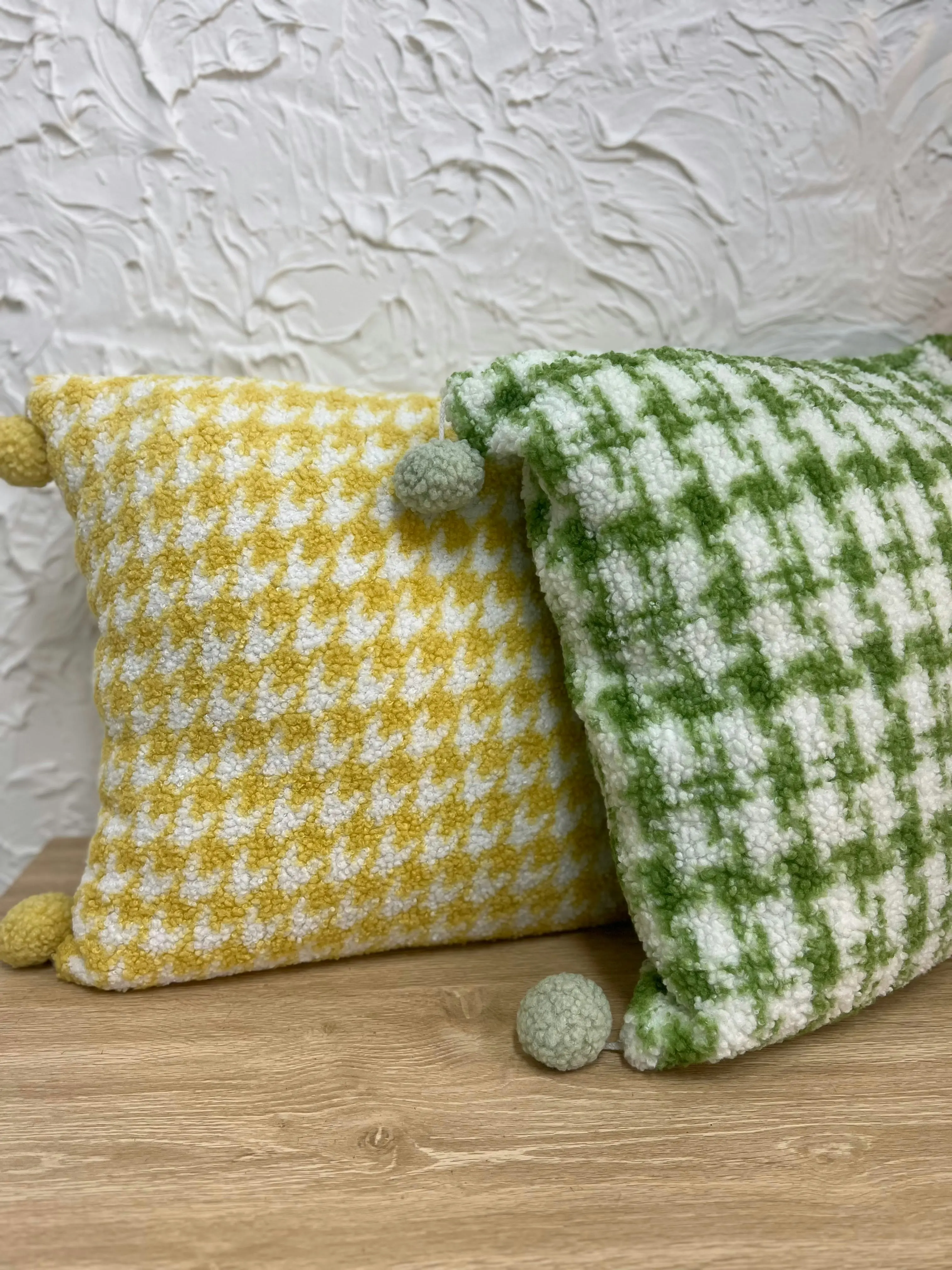 Yellow Fluffy Houndstooth Cushion with Pom Pom 50 x 50cm