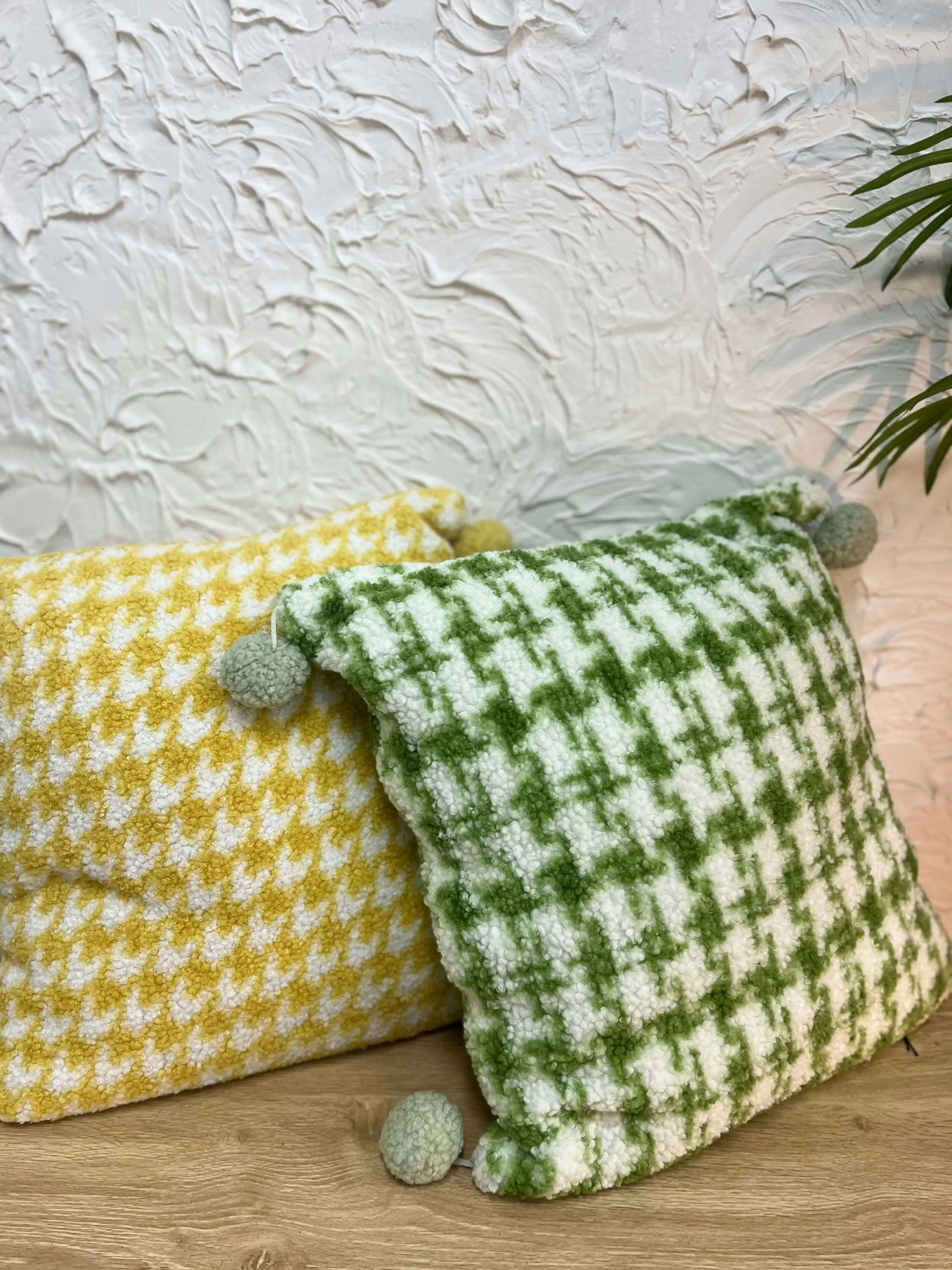 Yellow Fluffy Houndstooth Cushion with Pom Pom 50 x 50cm