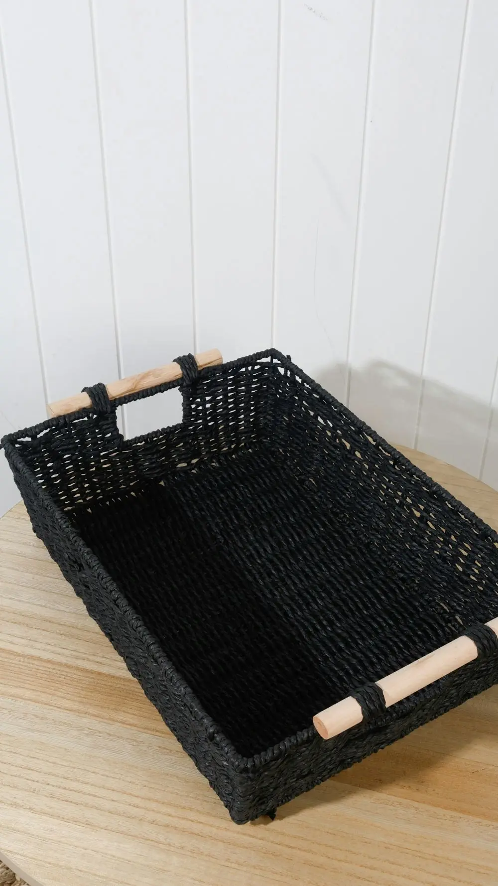 Cercy Paper Rope Organiser Black With Wooden Handle 46 x 33 x 11 cm