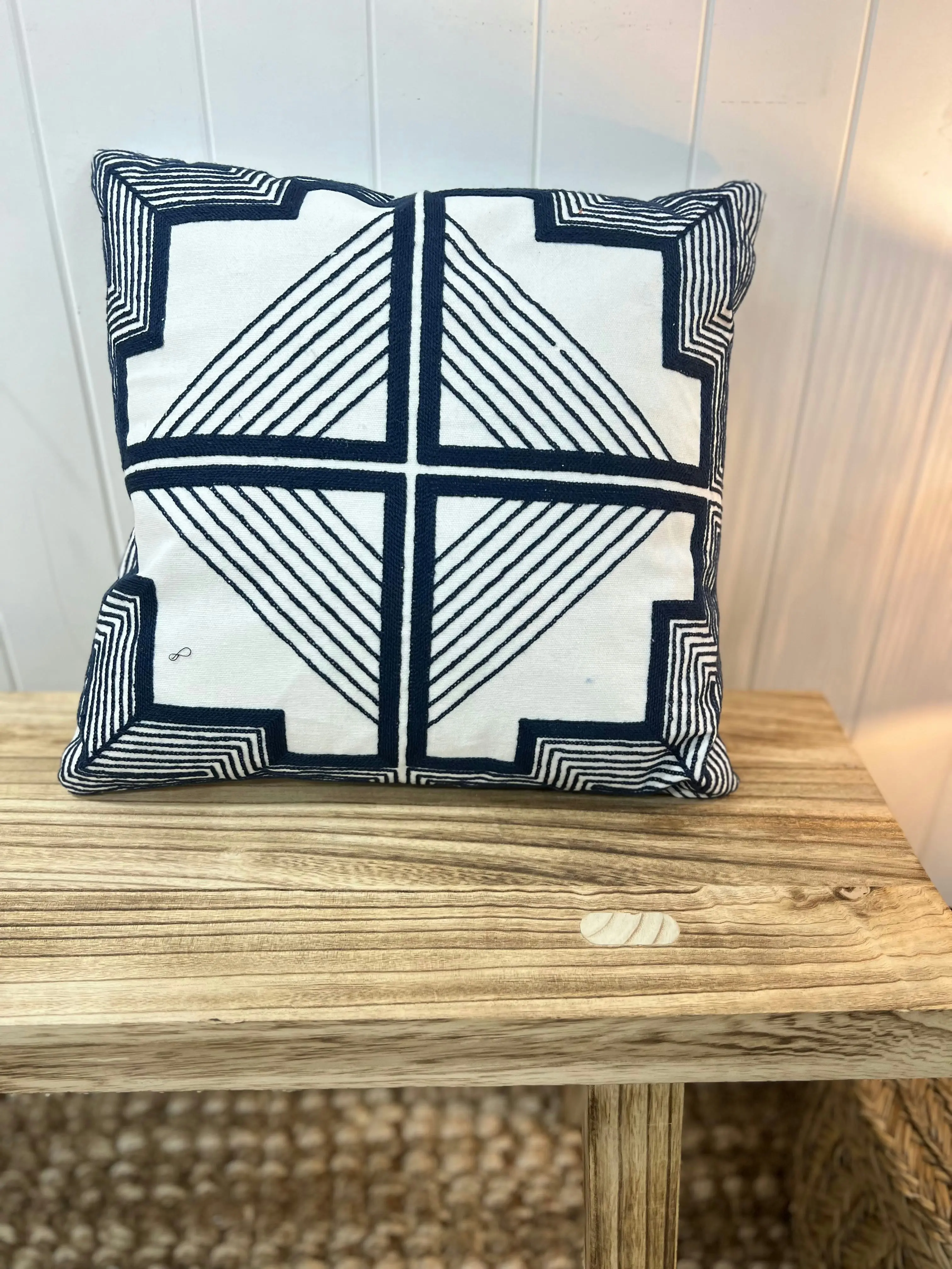 Navy & White Geo Embroided Cushion 43 x 43cm