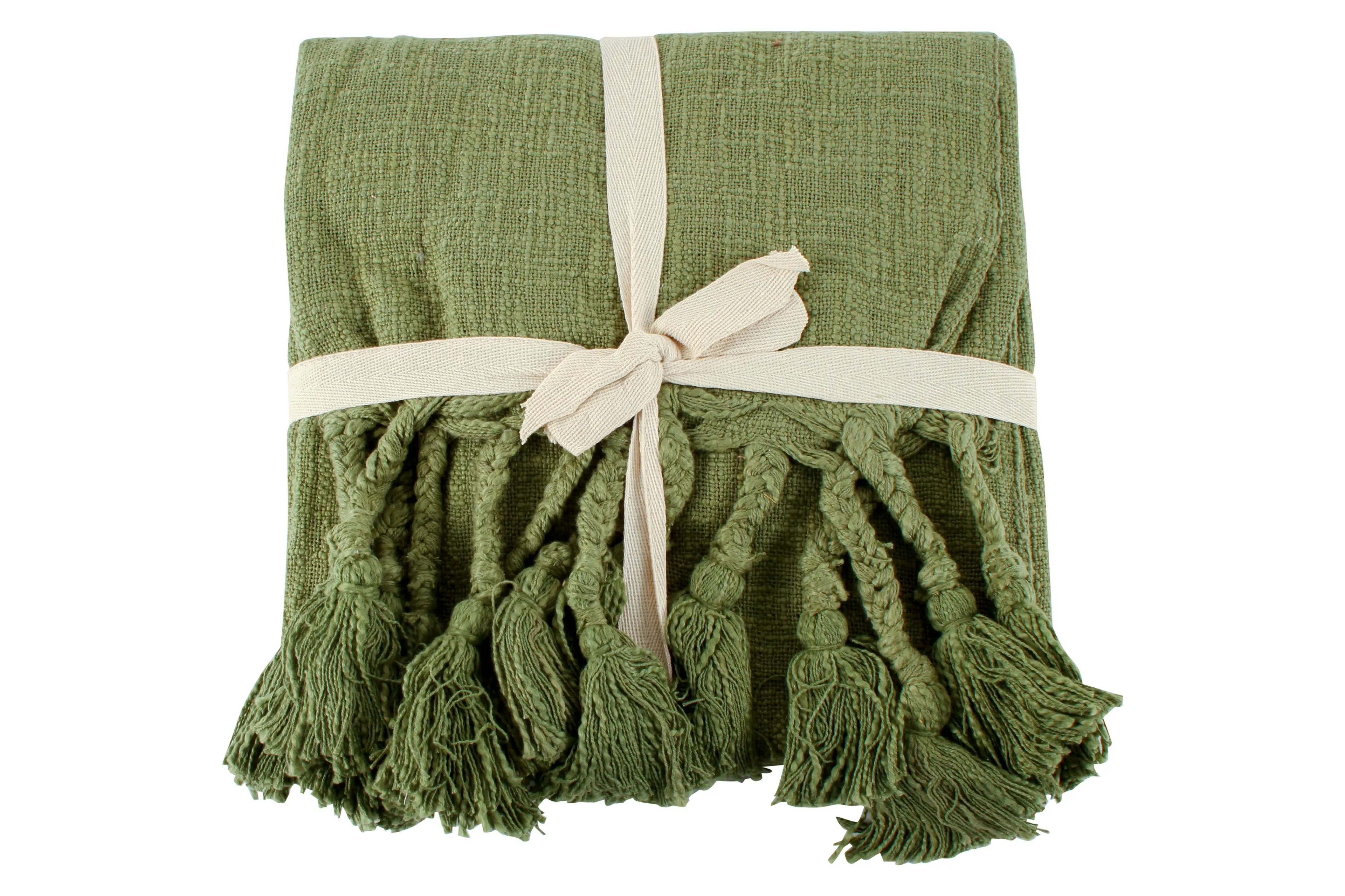 Neo Cotton Throw With Giant Tassels Forest Green