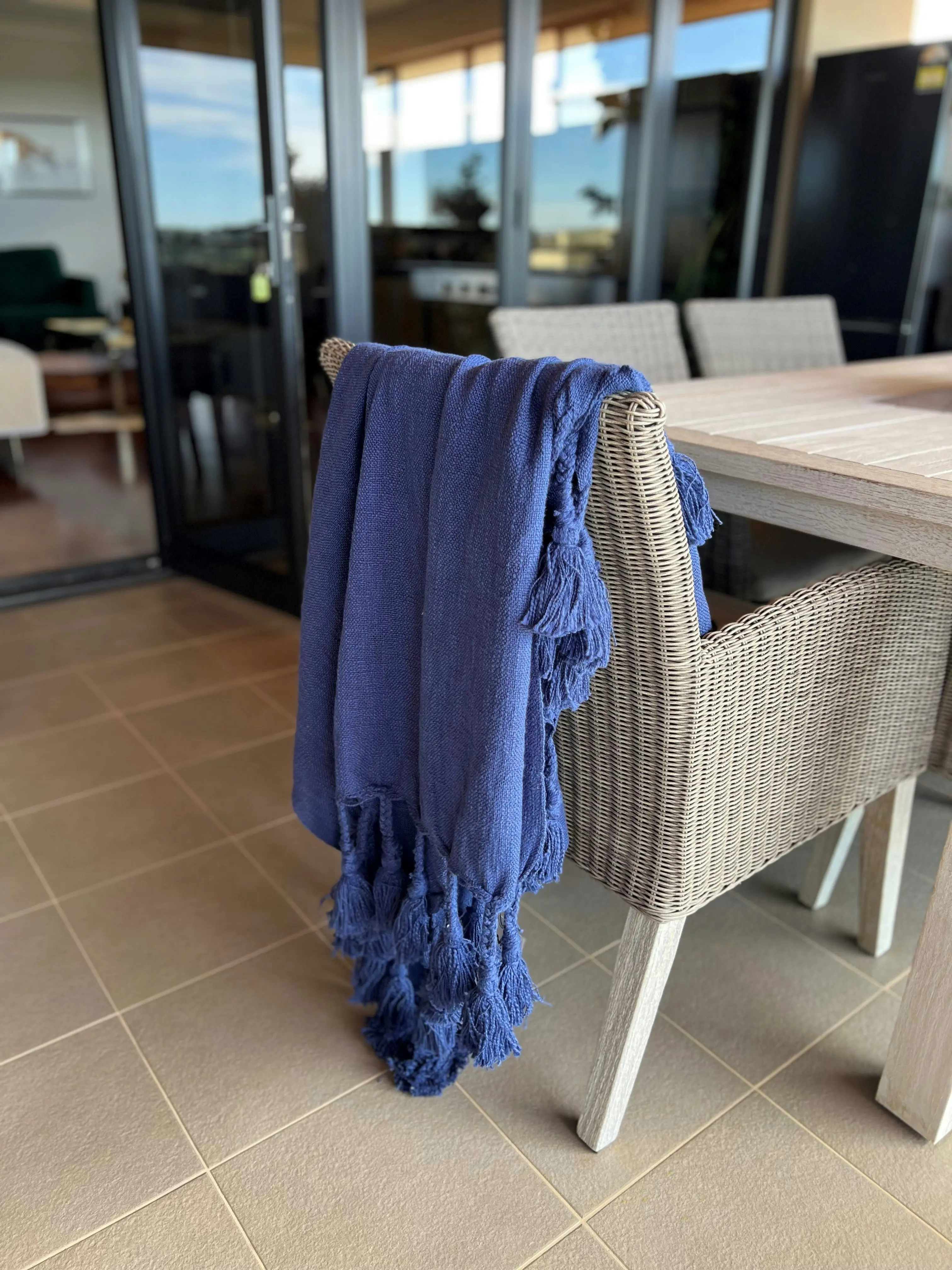 Neo Cotton Throw With Giant Tassels Navy