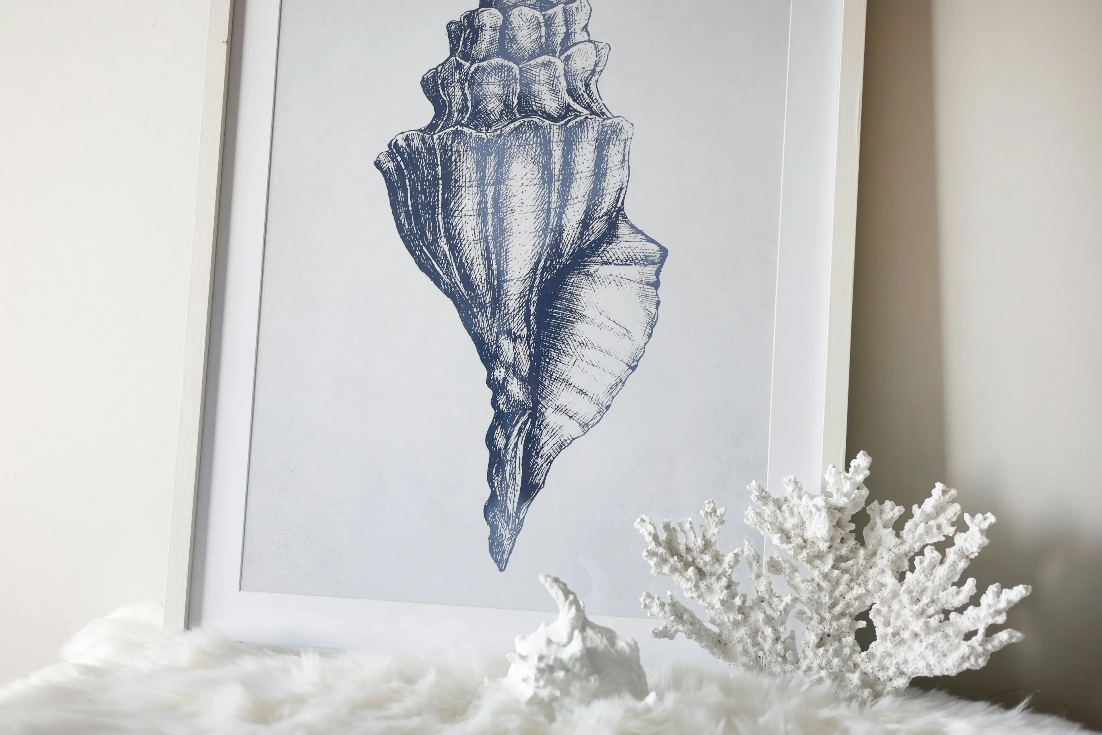 Belize Blue Watercolour Shell Framed Canvas 80 x 60cm