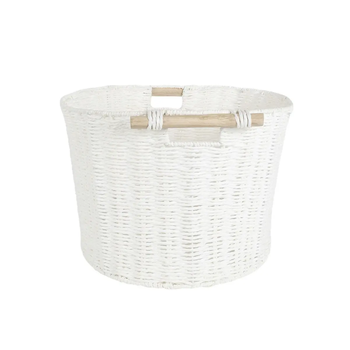 Round White Paper Rope Basket With Wooden Handle