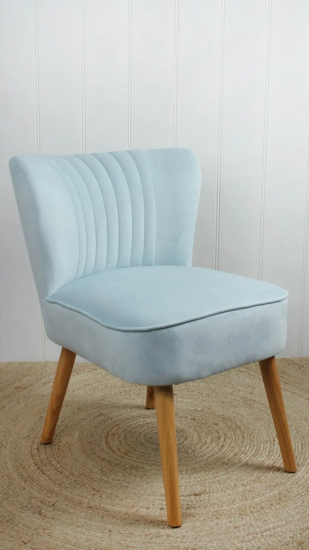 Sky Blue Velvet & Wood Accent Chair