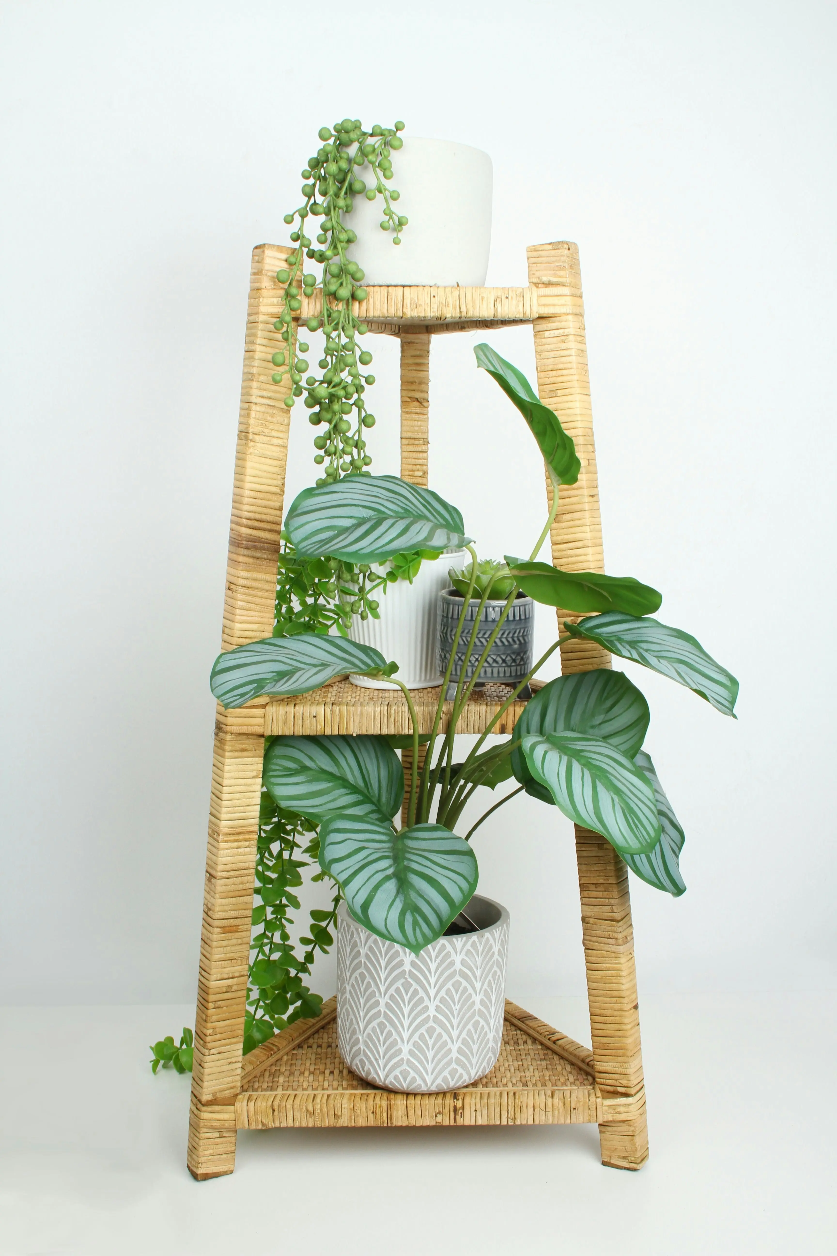 3 Tier Natural Rattan Triangle Shelf, 70 x 38 x 33cm