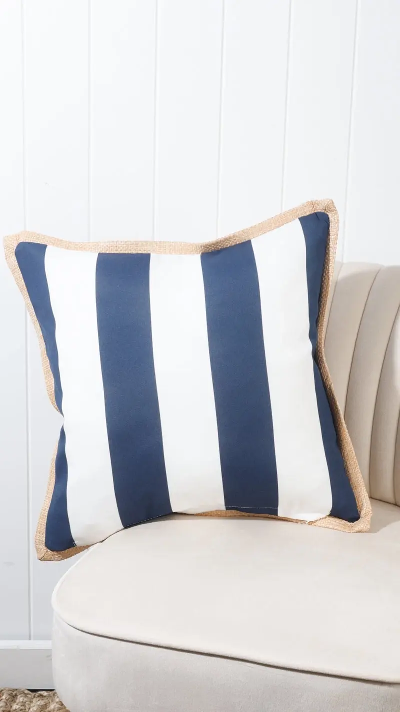 Aspen Outdoor Cushion Navy & White Stripe With Jute Trim 45 x 45 x 5cm