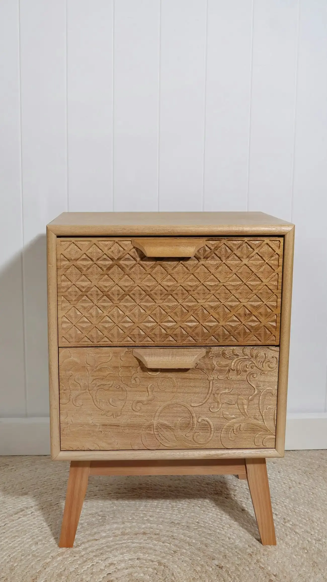 Natural Colour, Craved, Bedside Chest Of Drawers, 57 x 40 x 30cm