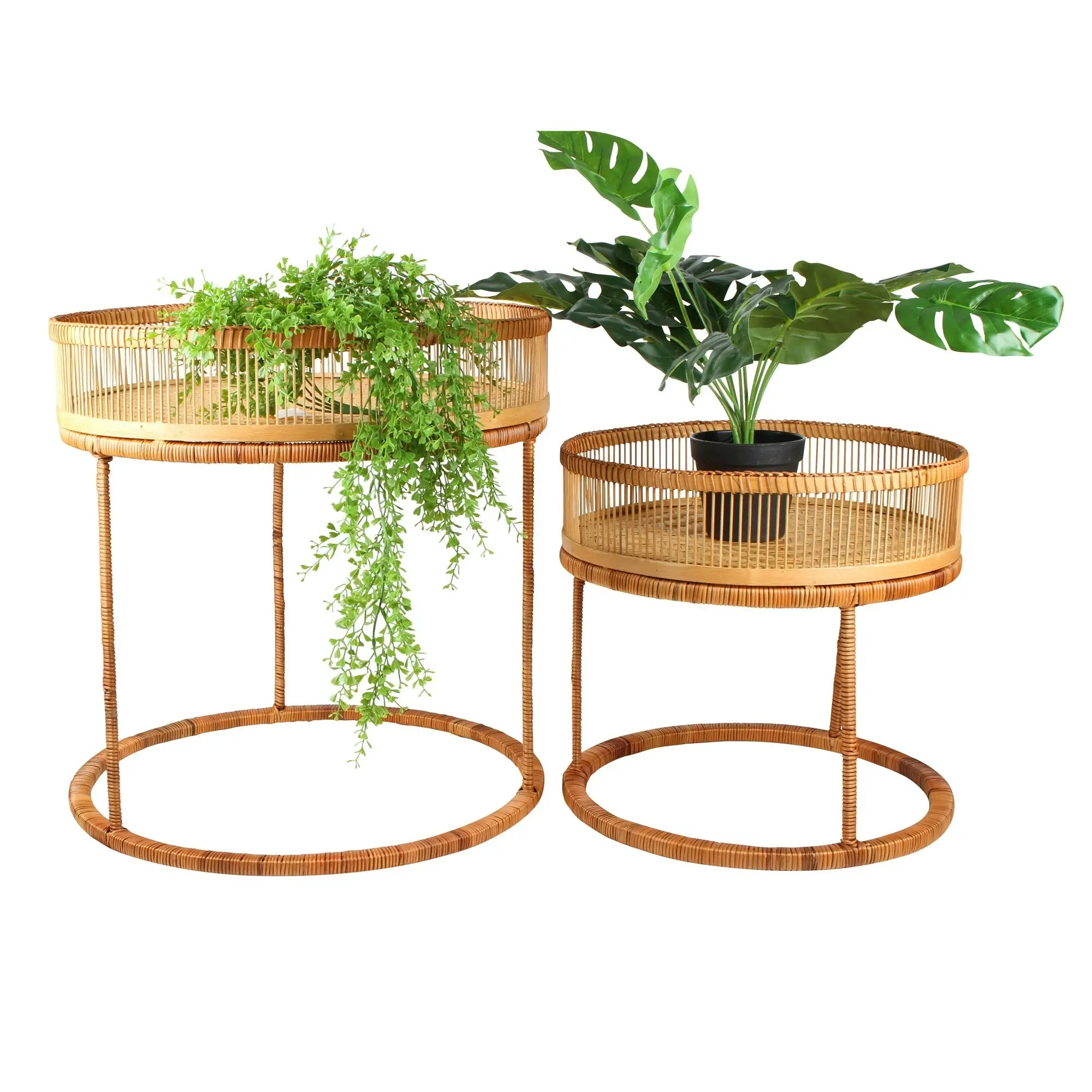 Set Of 2, Rattan And Bamboo Tables, 54 x 54 x 42cm