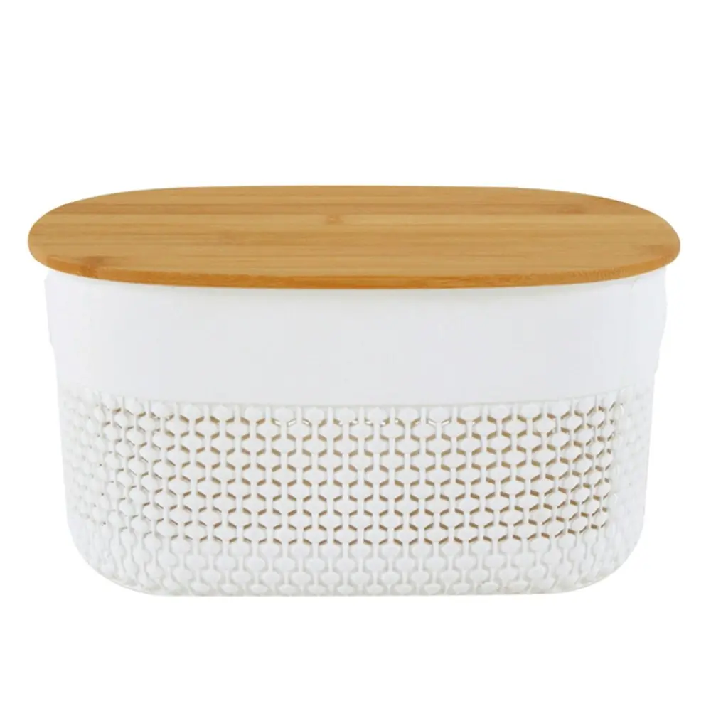 2x Home Expression 24cm Oval Plastic Basket Storage Organiser w/Bamboo Lid White