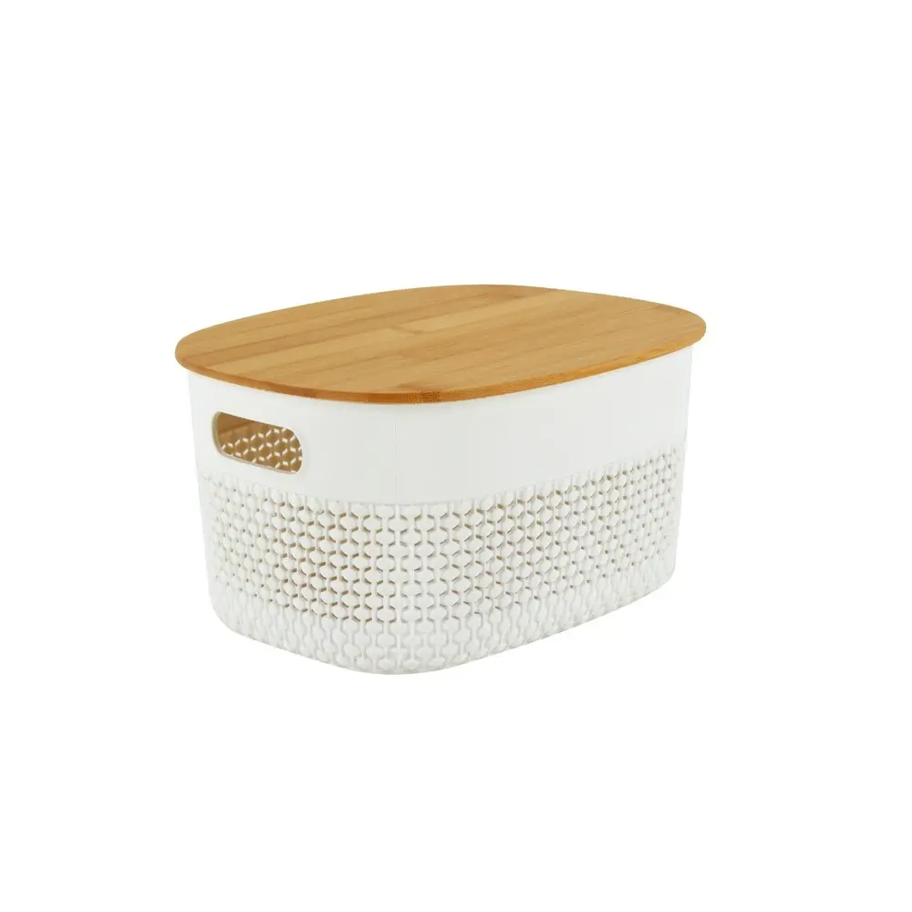 2x Home Expression 24cm Oval Plastic Basket Storage Organiser w/Bamboo Lid White