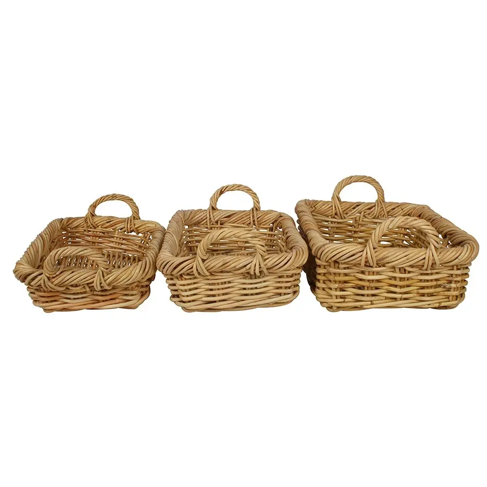 3pc Maine & Crawford Chelle 35/38/40cm Square Log Rattan Basket w/Handle Natural