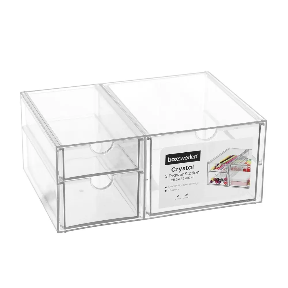 2x Boxsweden 25.5cm Crystal 3 Drawer Station Shelf Storage Home Organiser Clear