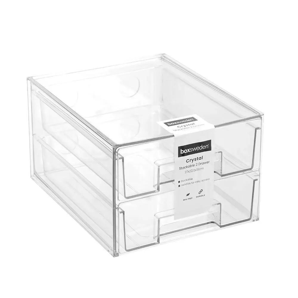 Boxsweden Crystal 27x16cm Stackable 2-Drawer Storage Organiser Container Clear