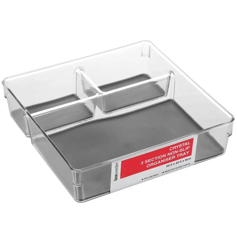 3x Boxsweden 22.5x6cm Crystal 3 Section Square Non-Slip Organiser/Holder Grey