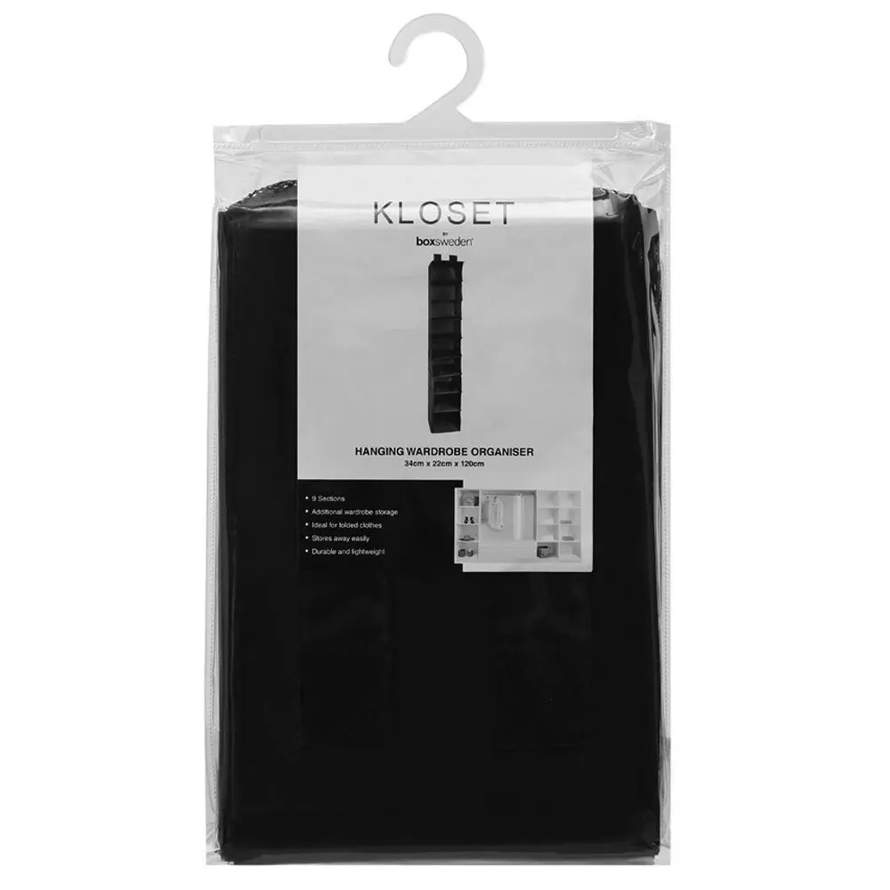 Kloset by Boxsweden 120cm 9 Section Hanging Organiser Home Closet Storage Black