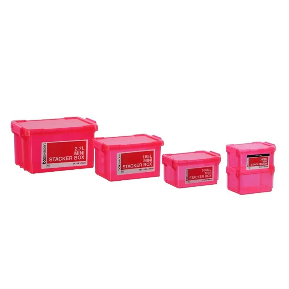 3x Boxsweden 2.7L Mini Stacker Box 24cm w/ Clip Lock Lid Storage Container Pink