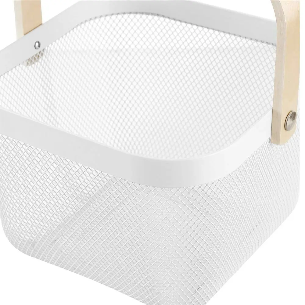 Boxsweden 25x25x17cm Mesh Home Storage Basket/Organiser w/Wooden Handle White