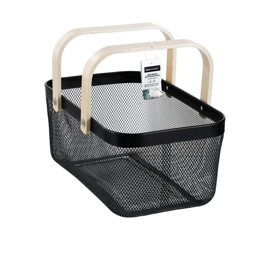 Boxsweden 40x25x17cm Mesh Home Storage Basket/Organiser w/Wooden Handle Black