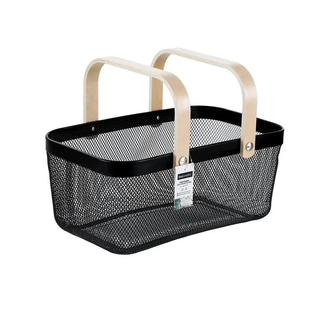 Boxsweden 40x25x17cm Mesh Home Storage Basket/Organiser w/Wooden Handle Black