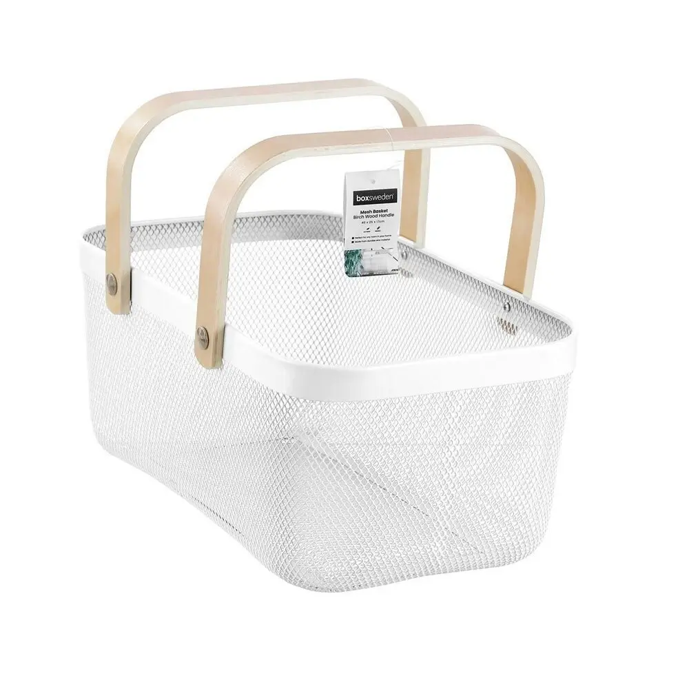 Boxsweden 40x25x17cm Mesh Home Storage Basket/Organiser w/Wooden Handle White