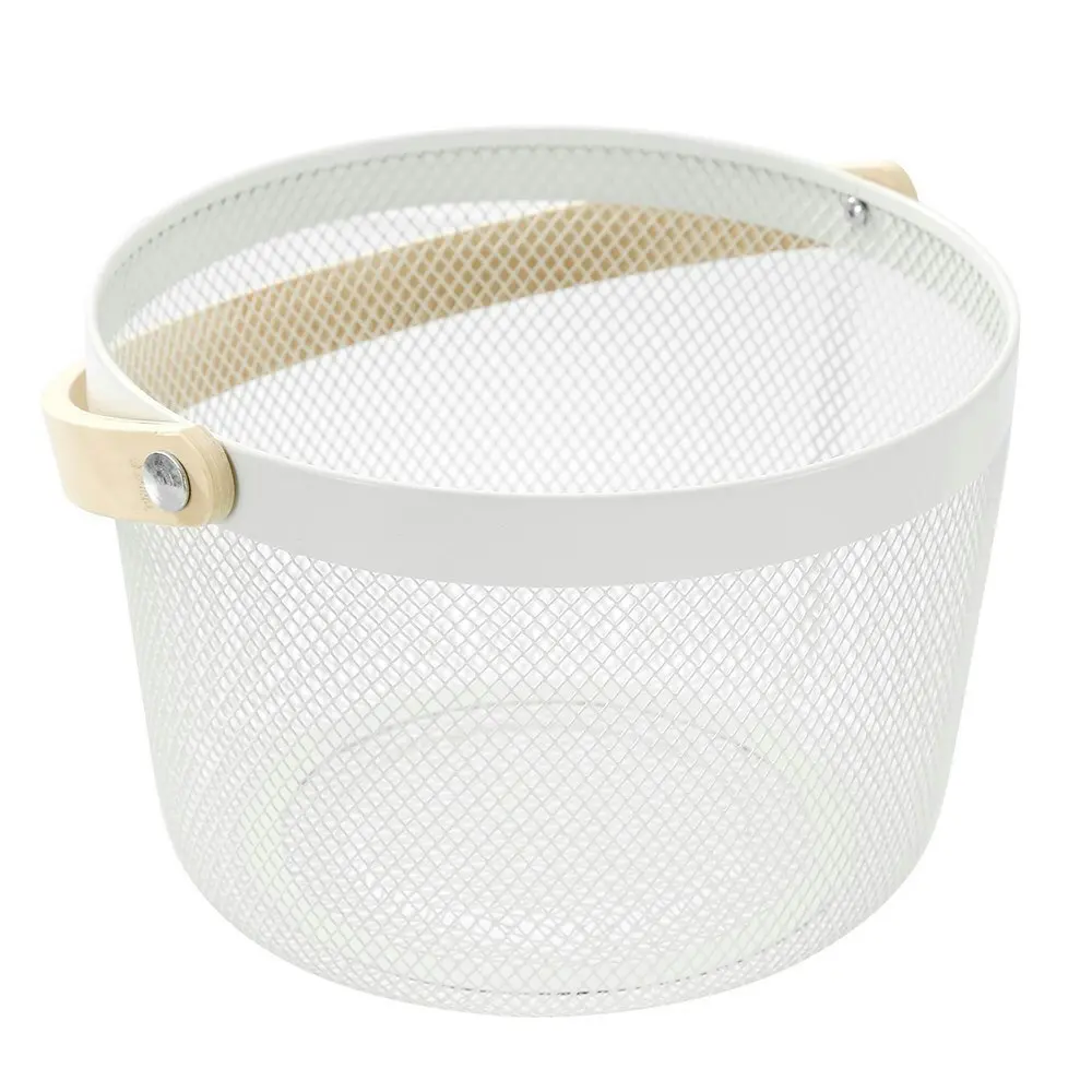 Boxsweden 26x18cm Mesh Round Home Storage Basket w/ Wood Handle Organiser White