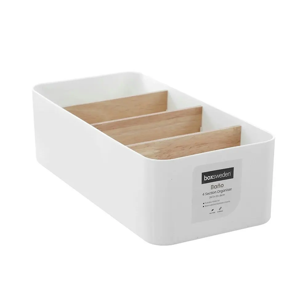 Boxsweden 26.5cm Bano Organiser 4 Section Bamboo Bathroom/Home Storage Box WHT