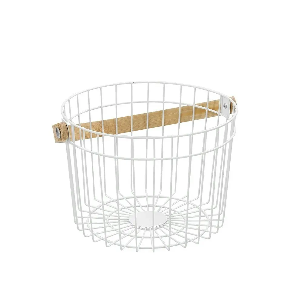 2x Boxsweden Round Wire 27x25cm Basket Home Storage Bin w/ Bamboo Handle White