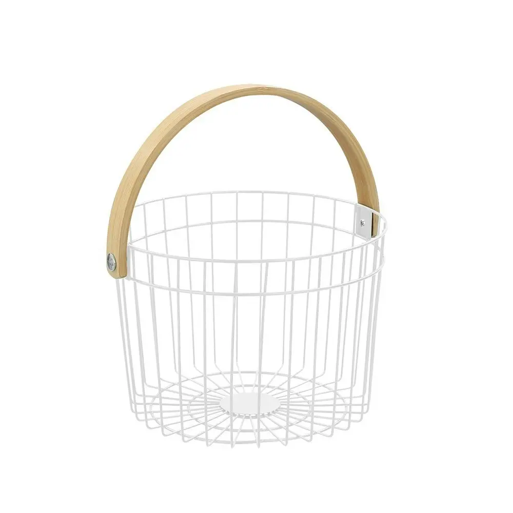 2x Boxsweden Round Wire 27x25cm Basket Home Storage Bin w/ Bamboo Handle White