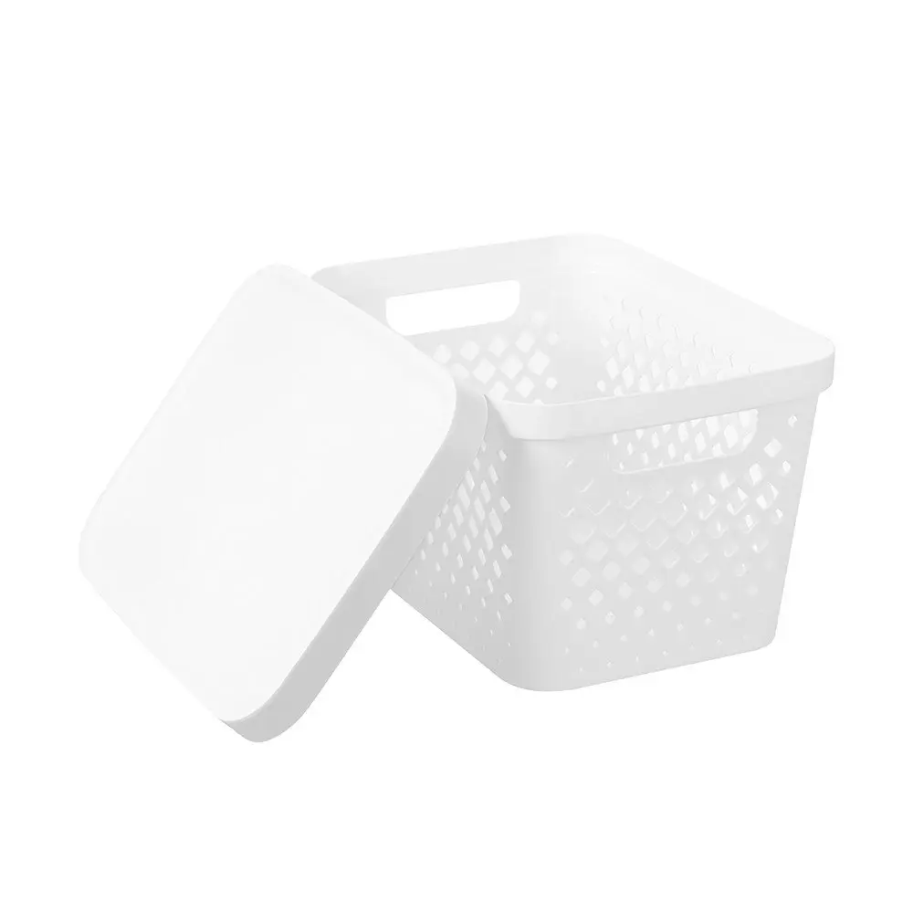 2x Boxswedn Kept Diamond 16L/36cm Storage Bin/Basket Home Organiser w/ Lid White