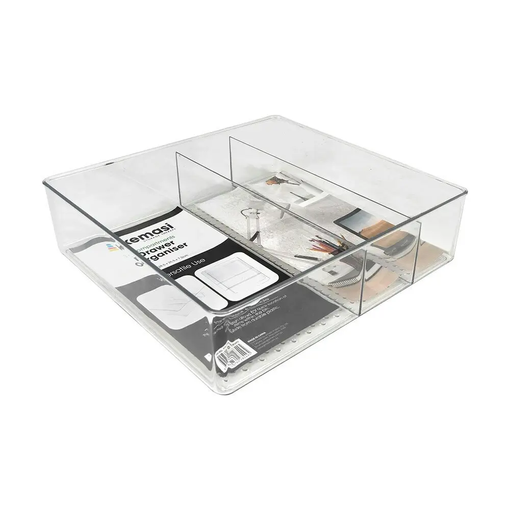 3x Kemasi Clear Home Drawer Space Saver Storage Organisers 3 Compartments