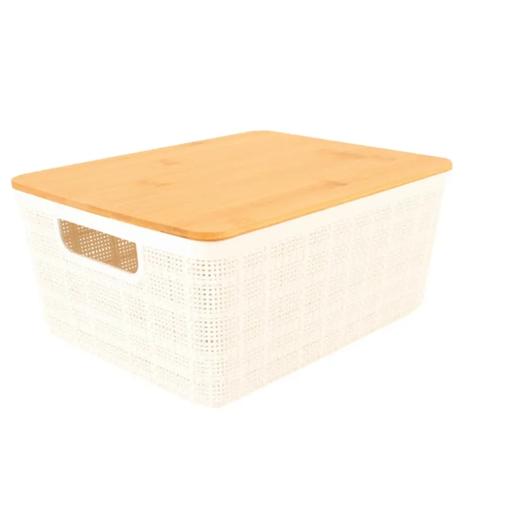 2x Home Expression 20cm Plastic Storage Basket w/Bamboo Lid Home Organiser White