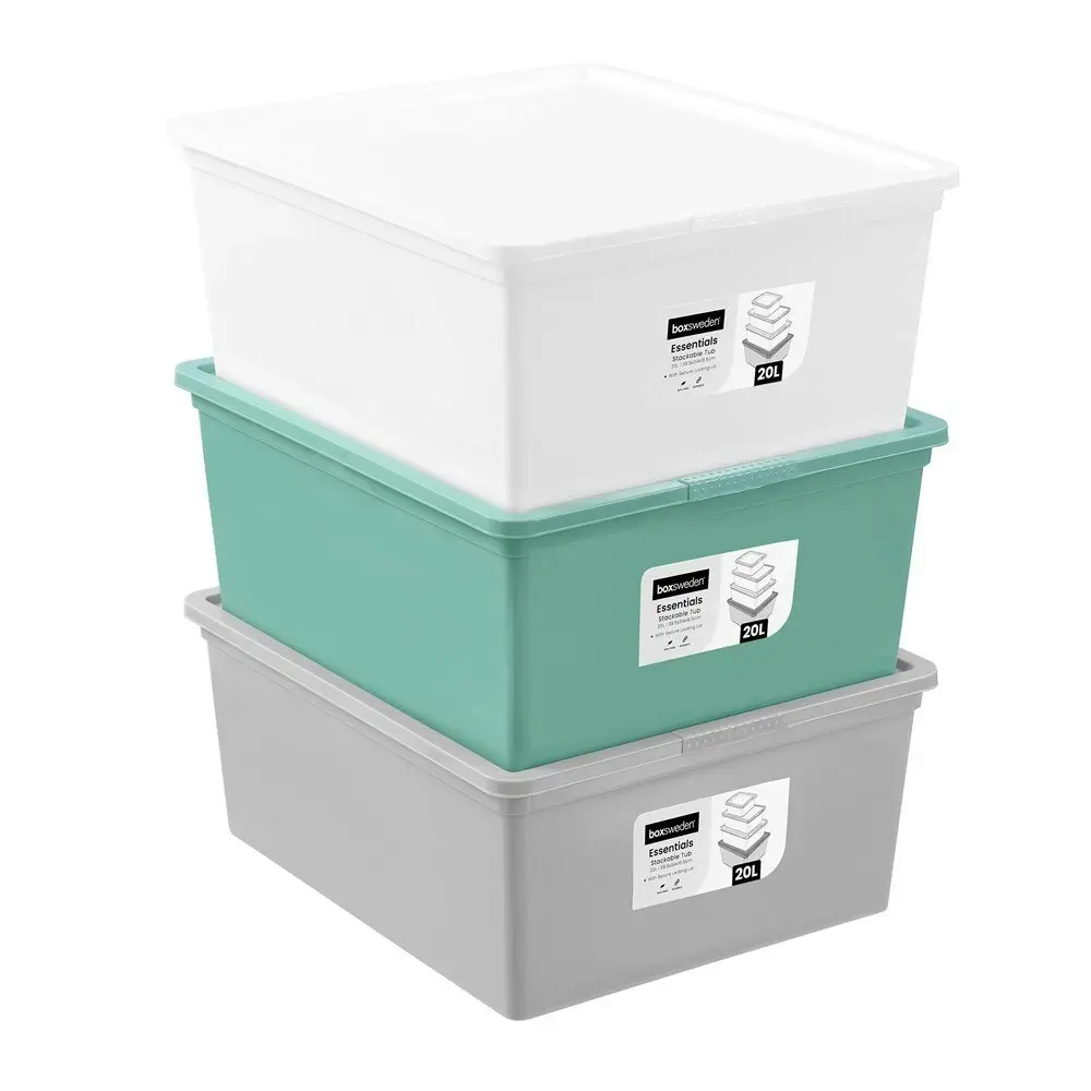 4x Boxsweden 20L/39cm Essentials Stackable Tub Storage Home Organiser Assorted