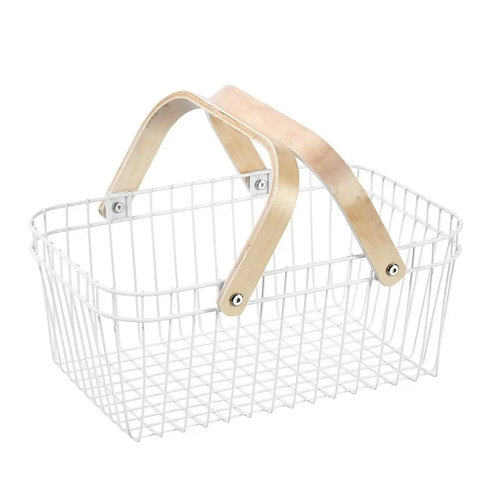 Boxsweden White 39cm Wire Home Storage Basket/Organiser/Display w/Wooden Handle