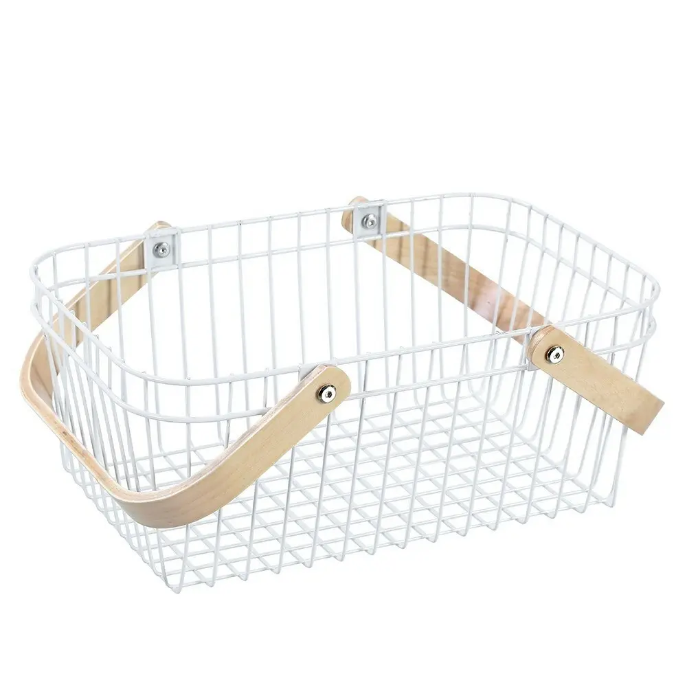 Boxsweden White 39cm Wire Home Storage Basket/Organiser/Display w/Wooden Handle