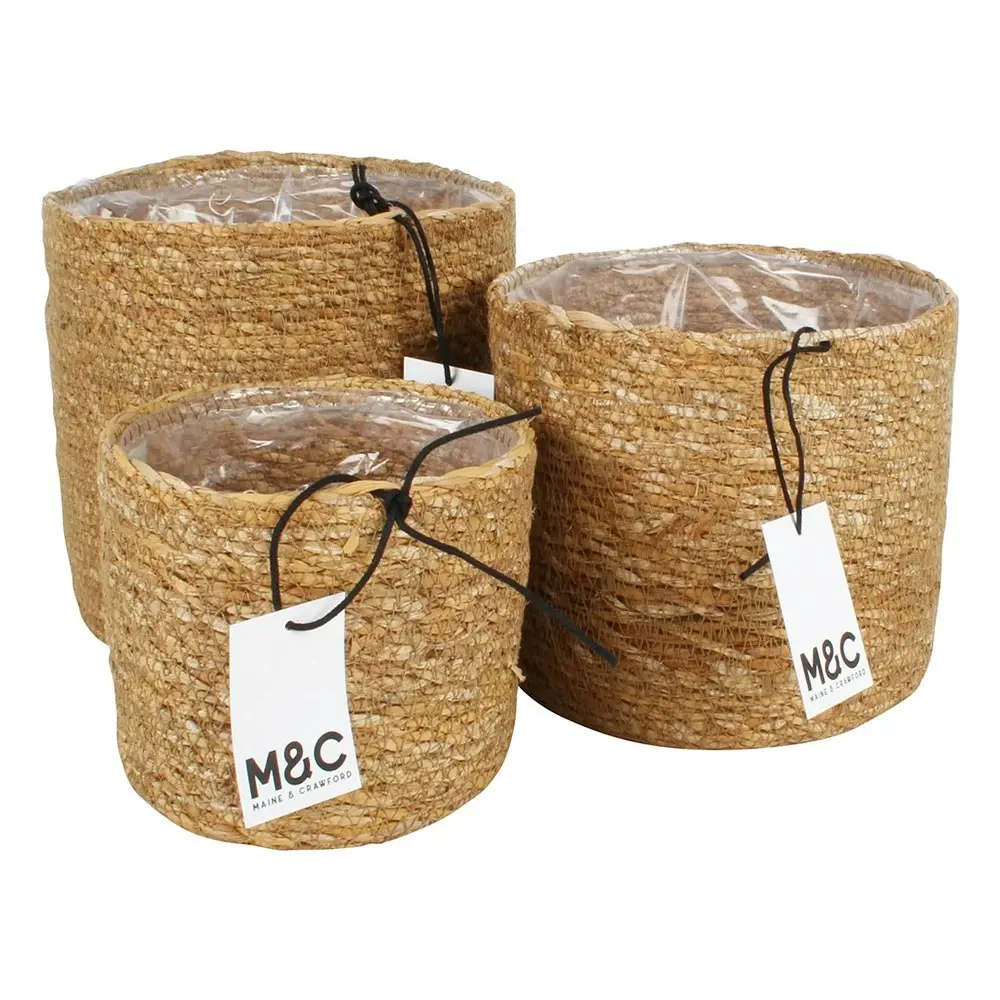 3pc Maine & Crawford Coffs 18cm Seagrass Round Lined Basket Storage Set Natural