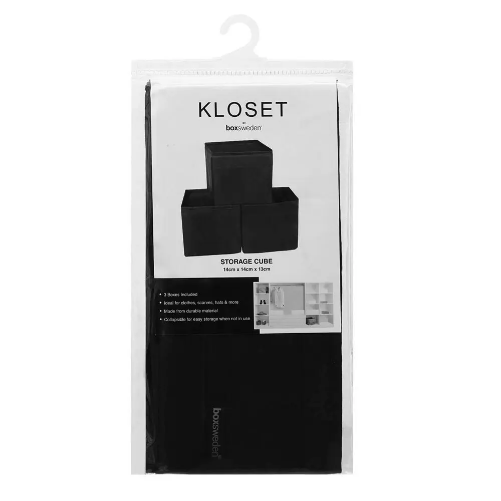 3pc Kloset by Boxsweden Collapsible 14cm Square Storage Cubes Home Organiser BK